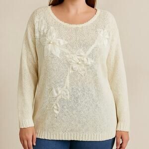 Vintage 80s Collections Plus Floral Knit Sweater 18W Ivory White Acrylic Korea